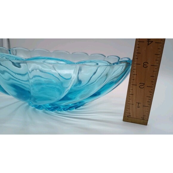 Vtg Hazel Atlas Glass Serving Bowl Dish  Turquoise AZURE BLUE Swirl Seashell 9" - Picture 5 of 5